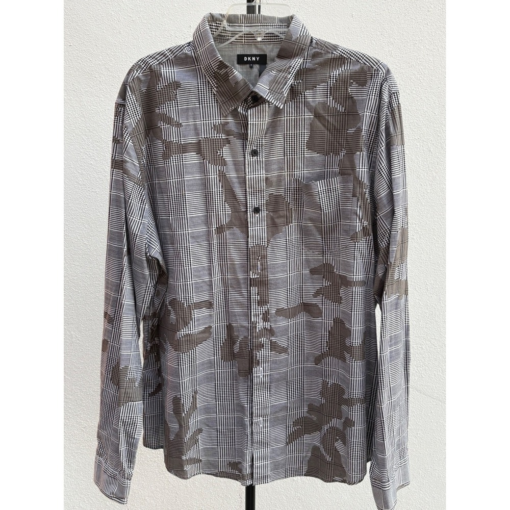 DKNY Mens XL Glen Plaid Camo Print Long Sleeve Button Down Shirt Grey